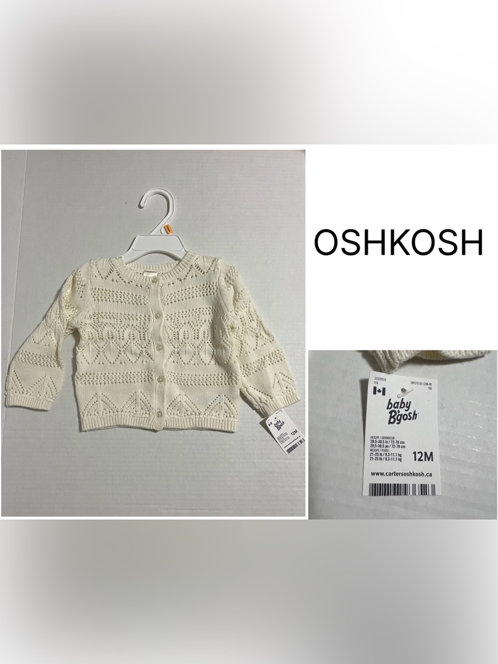 OSHKOSH - 12M - NWT - INFANT GIRLS CREAM WHITE KNIT CARDIGAN SWEATER